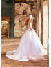 Beaded White Lace Tulle V Back Romantic Flower Girl Dress